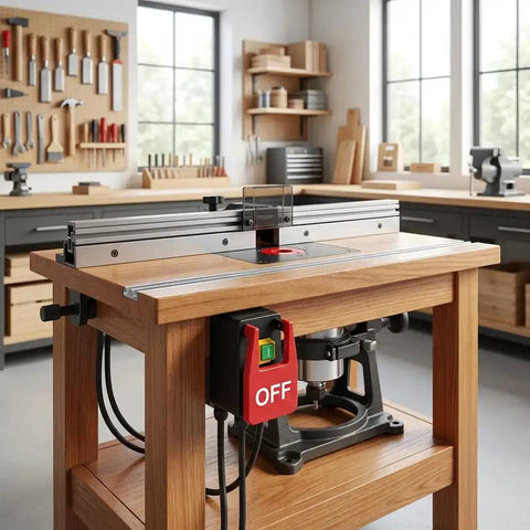 110V 16A Table Saw Emergency Stop Paddle Switch installed on a woodworking router table with tools in the background