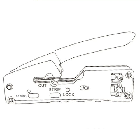 Illustration of Pro Grade Pass Through Crimping Tool For RJ45 RJ12 RJ11 Connectors with Built In Pass Thru Blade for cables