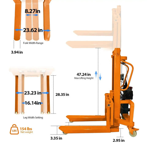 CareArise electric pallet stacker forklift with orange frame; 660 lb capacity, adjustable forks, 47.24 in lift height