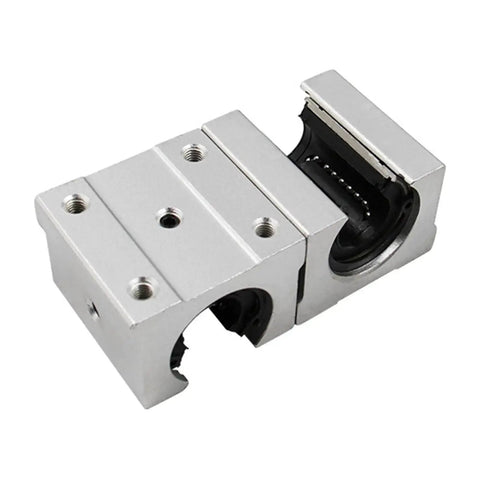 Close-up of a bearing block from the Two Heavy Duty Linear Guide Rails Kit SBR16 To SBR20 With Four Bearing Blocks SBR16UU SBR20LUU 16LUU 20UU For CNC Machines And 3D Printers, Smooth Precision Motion And Easy Assembly.