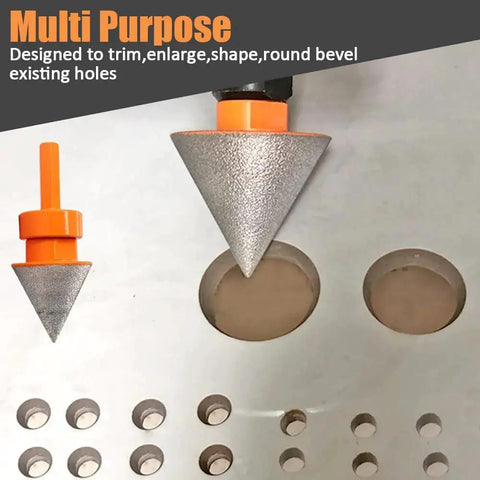 3 Piece Diamond Tile Beveling Bits Set Pro Grade Including 2 Inch Cone Chamfer Bit With 60 Degree Tip And 5/8-11 Thread Adapter And 1 Inch Diamond Finger Milling Bit For Enlarging And Trimming Holes In Ceramic Porcelain Marble Granite displayed with drilled holes