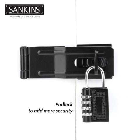 Black swivel staple safety hasp with combination padlock for doors, gates, and cabinets; zinc-plated, rustproof, 4-1/2 inch size.