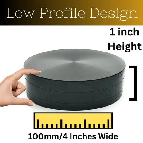 4 Inch Herb Grinder For Spices And Herbs, Zinc Alloy Low Profile 1 Inch Tall Design, 3 Layer Metal Grinder, black, side view