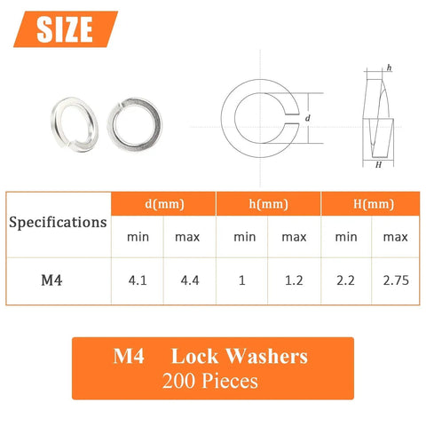 Size chart and dimensions of 200 Piece Pack M4 Stainless Steel Split Lock Washers 304 Grade Spring Lock Washers For Screws And Bolts