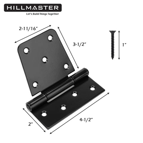 3.5 Inch Heavy Duty Gate Hinges Black Strap Hinges for Indoor Outdoor Use with screws and dimensions displayed