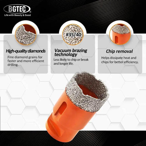 Six Piece Dry Diamond Core Drill Bits Set For Porcelain Tile Ceramic Marble Brick Hole Saw Sizes 20mm 25mm 35mm 50mm 75mm 100mm Fast Clean Drilling And Smooth Cuts with focus on diamond grains and chip removal features.