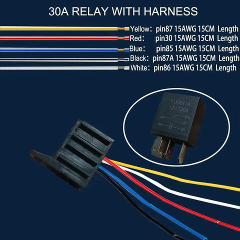 30A relay with harness showing colored wires and pin labels for 12V 30A 5 Pin SPST Automotive Relay With Harness Kit Two Pack