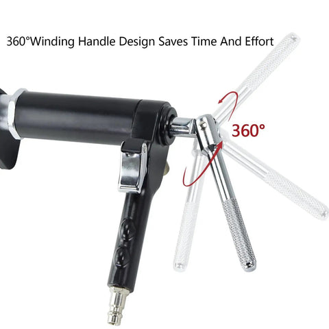 Pneumatic brake caliper tool with 360° rotating handle; black body with chrome fittings.