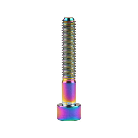 Titanium M6x40mm hex socket bolt with rainbow finish, 5mm hex head, shown upright, designed for RC gear, 6AL4V Grade 5, DIN912 compliant.