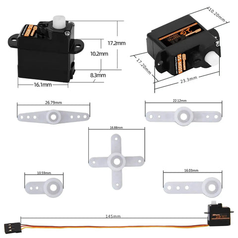 Dimensions and components of Five Pack 2G Plastic Gear Mini Servo Hobby Grade Digital Coreless Motor for RC models.