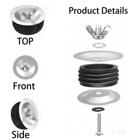 1 Piece 3 Inch Mechanical Test Plug With Steel Pipe Gripper And Wing Nut Reusable Drain And Sewer Pipe Plug For Plumbing Pressure Testing And Temporary Sealing Leak Proof Seal With Heavy Duty Rubber Gasket, side and front view with components.
