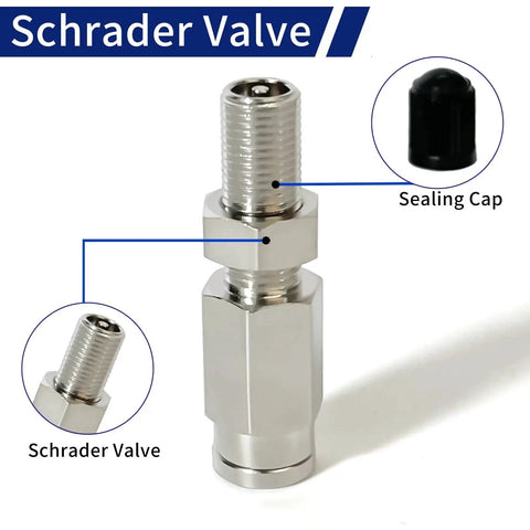 Inflation Schrader Valve With Push To Connect For One Quarter Inch OD Air Line Tubing And Air Spring Suspension On Semi Truck Trailer Tractor 2 Pack Heavy Duty Brass Fittings For Manual Inflation And Air Ride Components, showing close-up with sealing cap.