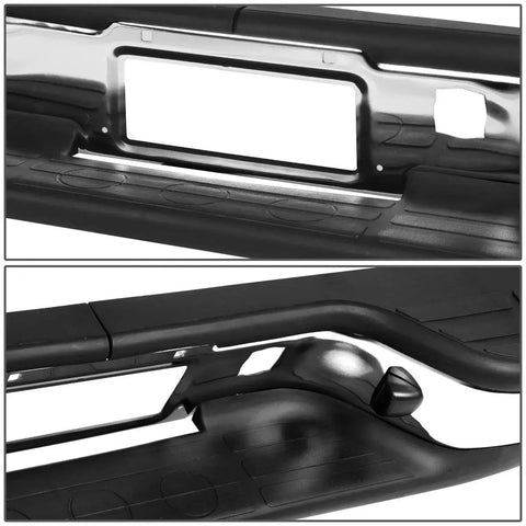 Close-up of Rear Step Bumper With License Plate Lights For Silverado Sierra 99-06 1500 showing chrome finish and mounting details.