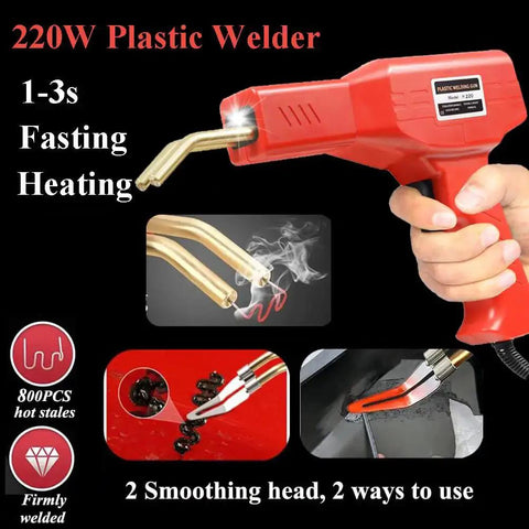 220W Plastic Welder Kit 2 In 1 Plastic Repair Set with hot stapler and soldering gun in use, showing rapid heat welding process