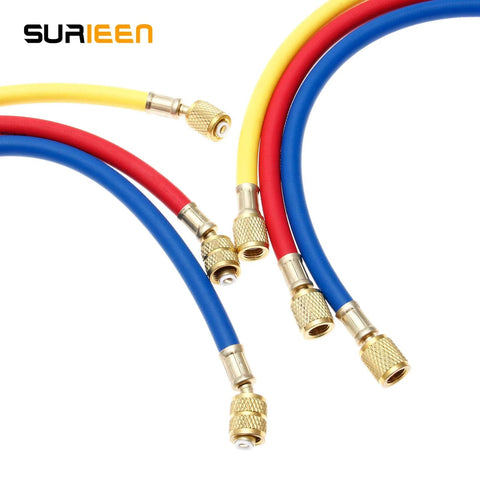 SURIEEN refrigerant charging hoses set of 3, 60in, red/blue/yellow with brass 1/4 to 5/16 SAE fittings for R410A HVAC