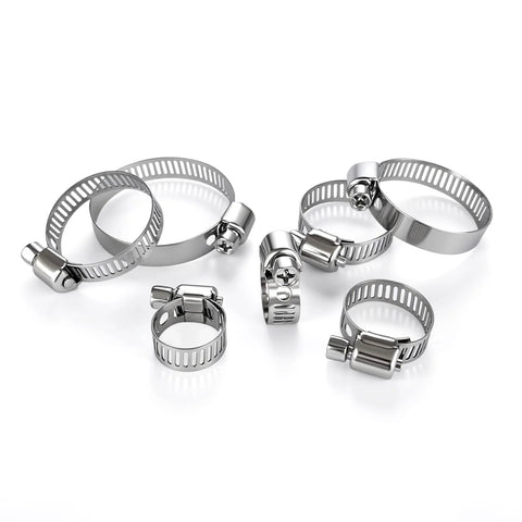 60-piece 201 stainless steel hose clamp assortment with worm-gear screws; sizes 1/4–1-1/2 in (6–38 mm)