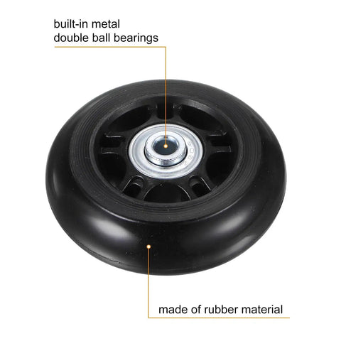Close-up of a single rubber wheel with built-in metal double ball bearings from the Replacement Luggage Wheels 70x24mm Kit.