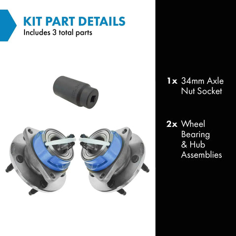 Front and Rear Wheel Hub and Bearing Assembly Pair for Chevy Vehicles with 34mm Axle Nut Socket Included, shown with kit parts.