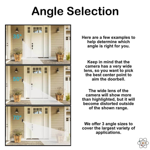Diagram showing 35, 50, and 70-degree angle selections for a doorbell camera mount on a residential front door.