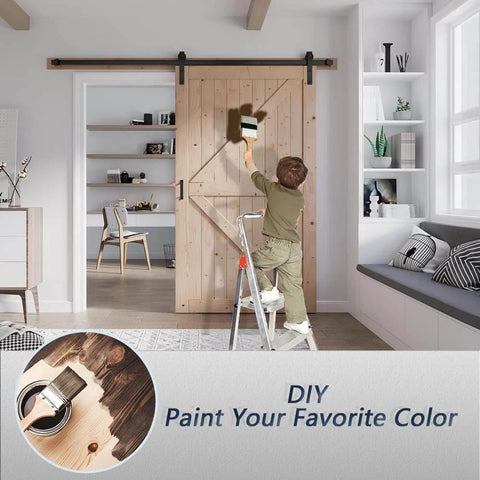 Child painting 48 Inch By 80 Inch Sliding Wood Barn Door With 8 Foot Hardware Kit Included, K Shape Solid Spruce Panel in room.