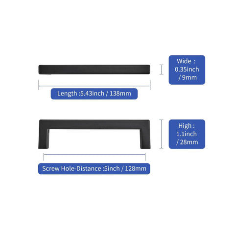 10 Pack Solid Aluminum Matte Black Cabinet Pulls with 5 Inch Hole Center Square Style Handles with size measurements.