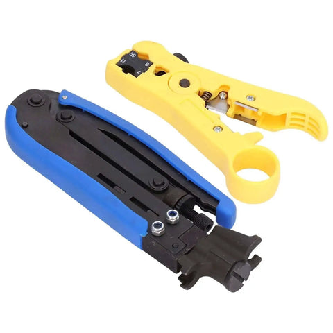 Professional Stripping And Crimping Pliers Set For Coaxial Cables RG59 RG6 RG11 with adjustable wire stripper, blue ABS handle