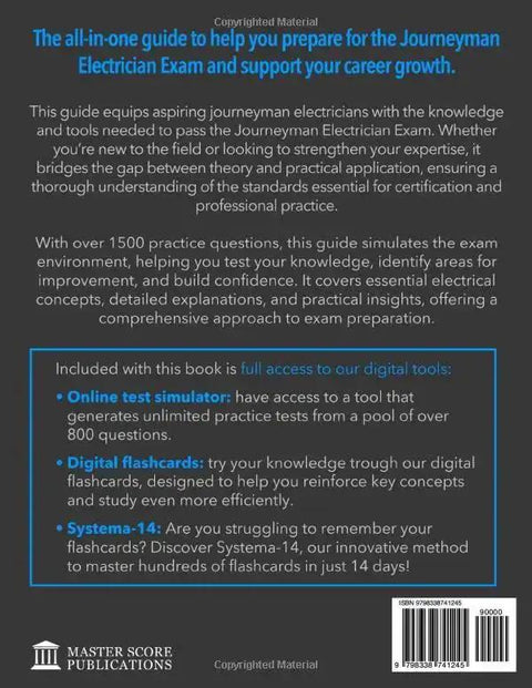 Back cover of Electrician Exam Prep Guide For Trade Professionals All In One Study Handbook To Ace The Test With Confidence Practice Questions And Real World Tips Plus Comprehensive NEC Code Review showing features and tools.
