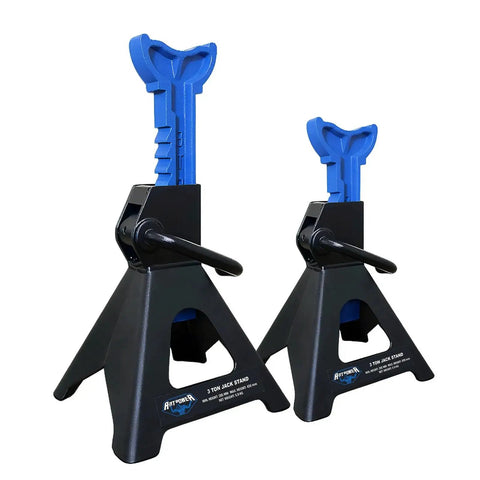 Pair of 3 Ton Heavy Duty Car Jack Stands Set With Adjustable Height From 11.22 To 16.77 Inches For Lifting SUVs Small Trucks And Pickups Up To 6,000 Lb Each For Safe Automotive Maintenance. Shown in black and blue, side view.