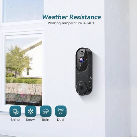 Wireless WiFi Video Doorbell with Two Way Audio, AI Motion Detection, Night Vision mounted outdoors on a wall near a window