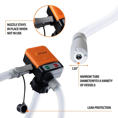 Close-up of Portable Fuel Transfer Pump With Auto Stop Sensor and Overflow Protection, showing orange and black design, nozzle, and adapter kit. Battery powered.