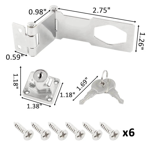 3 Inch Keyed Door Lock Hasp Latch In Stainless Steel with screws, keys, and measurements shown, suitable for cabinets and barn doors installation