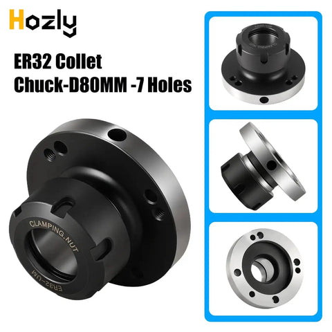 ER32 Collet Chuck 80mm Diameter 7 Hole Precision Lathe Tool For CNC Milling And Engraving, side and top view shown