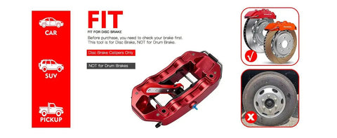 Front view of Mumicol brake caliper compression tool, red 360° ratcheting piston compressor with 2 steel plates