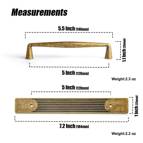 Image showing measurements of Antique Brass Zinc Alloy Cabinet Handle With Backplate 5 Inch Hole Center 128mm Cabinet Pull Hardware.