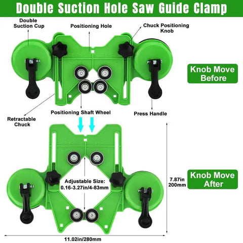 Double suction hole saw guide clamp with knobs and wheels for precise adjustment, part of Diamond Hole Saw Kit With Guide Jig And Double Suction Cups For Ceramic Glass Tile And Stone From 0.24 To 1.97 Inches Includes 16 Piece Diamond Drill Bit Set In Sizes 6mm 8mm 10mm 12mm 14mm 16mm 18mm 20mm 22mm 25mm 26mm And 28mm For Precise Holes.