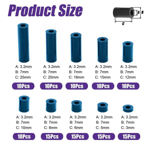 Assorted black nylon ABS round spacers showing 10 sizes for 120 Piece Black Nylon ABS Round Spacers Kit No Threads for M3 screws.