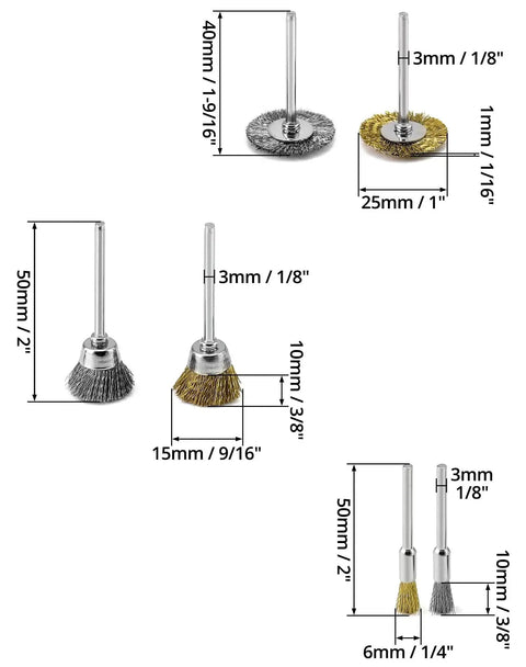 36 Piece Brass And Stainless Steel Wire Brush Polishing Wheel Kit For Rotary Tools For Metal And Wood Finishing Deburring Rust Removal Grinding And Smoothing Surfaces QWORK, displaying various brush types and sizes for cleaning applications.