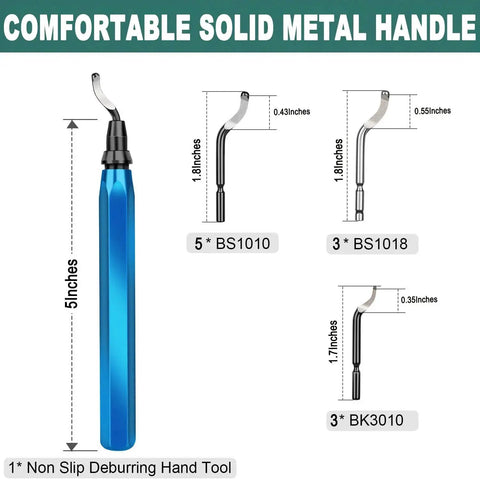 3D Print Deburring Tool Set With 11 High Speed Steel Blades And 5 Needle Files for smoothing edges, blue handle and blade dimensions.