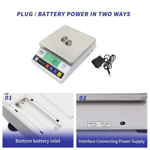 Pro Grade Industrial Counting Scale With 10 Kg Capacity And 0.1 Gram Precision, Fast Readouts, High Sensitivity Sensor, Tare And Counting Functions, Multi Unit Switchable For Lab Or Inventory Use, showing top view with plug and battery power options