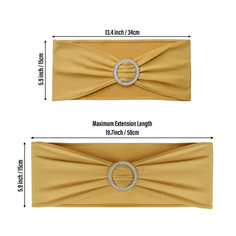 Gold Spandex Chair Sashes 30 Piece With Sliders For Wedding Banquet Decor showing dimensions and slider detail