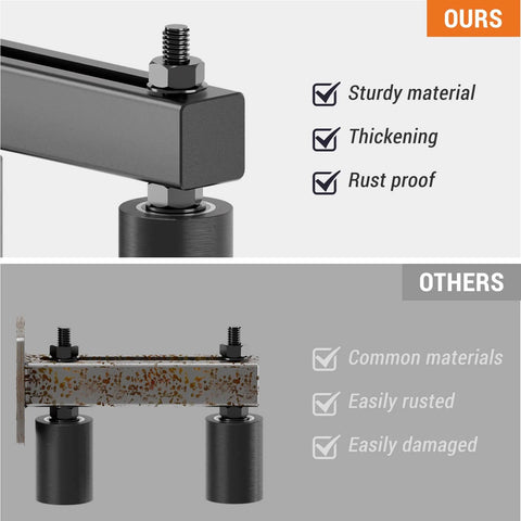 Comparison of Beefed Up 3 Inch Gate Guide Roller Kit With Steel Bracket And Dual Hard Nylon Rollers and other brands, showing rust resistance.