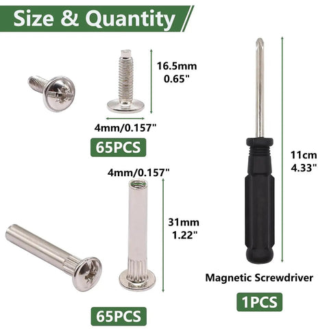 130 Piece M4 Furniture Connector Bolts And Cap Nuts Kit includes screws, sleeves, and magnetic screwdriver for wood projects.