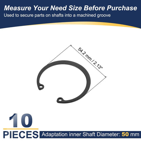 Premium 50 Mm Internal Retaining Rings 10 Pack C Clip Snap Rings 65Mn Manganese Steel for shafts, shown with dimensions.