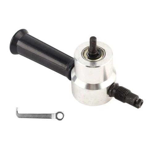Metal Nibbler With Dual Cutter Heads And 360 Degree Rotating Head for electric and pneumatic drills, shown with handle and wrench.