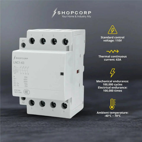 Close-up of white 8 Pole Contactor Bundle with Dual 4 Pole NO AC Contactors 120V Coil Heavy Duty 50 Amp IEC 400V Rating showing features.