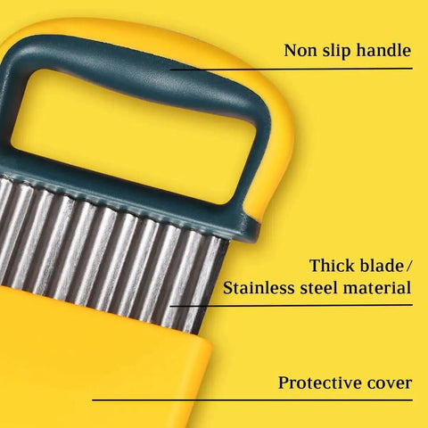 Close-up of Two Pack Wavy Crinkle Cutter Knife For Veggies And Fruits Stainless Steel Chopper Tool with non-slip handle and cover.