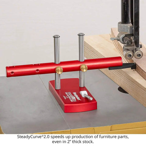 SteadyCurve 2.0 Band Saw Template Guide With Magnetic Base And Adjustable Blade Offset installed on band saw table.