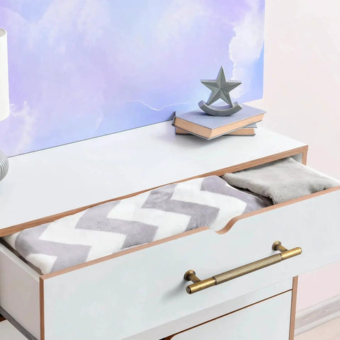 Antique Brass Cabinet Pulls 6 Pack Vintage Bronze Drawer Handles installed on a white dresser drawer