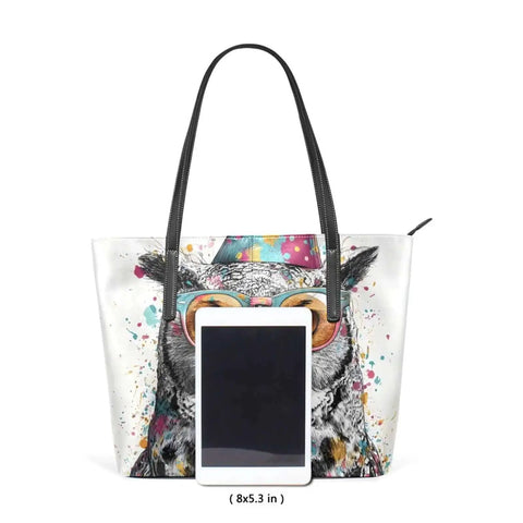 Owl Themed Womens PU Leather Tote Bag With Top Zipper Shoulder Handbag Go To Work Travel And Everyday Use Built In Inner Pockets