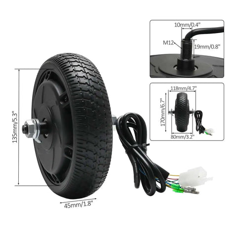 24V 250W Gearless Brushless Hub Motor With 6.5 Inch Solid Tire Wheel For Scooter, Ebike, Toy Car, and Mini Car Replacement High Speed Electromagnetic Brake, front view with wiring